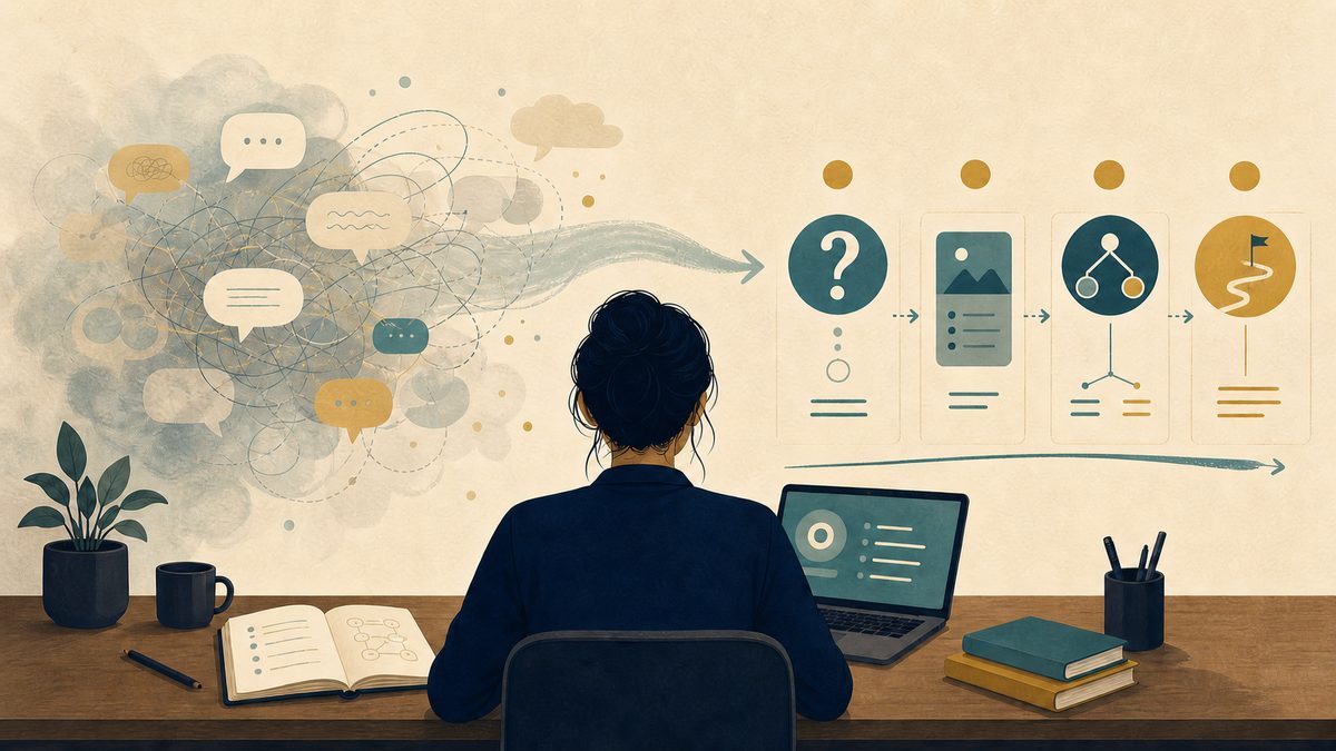 A person improves a vague AI conversation by writing a clear situation, outcome, constraints, and boundaries.